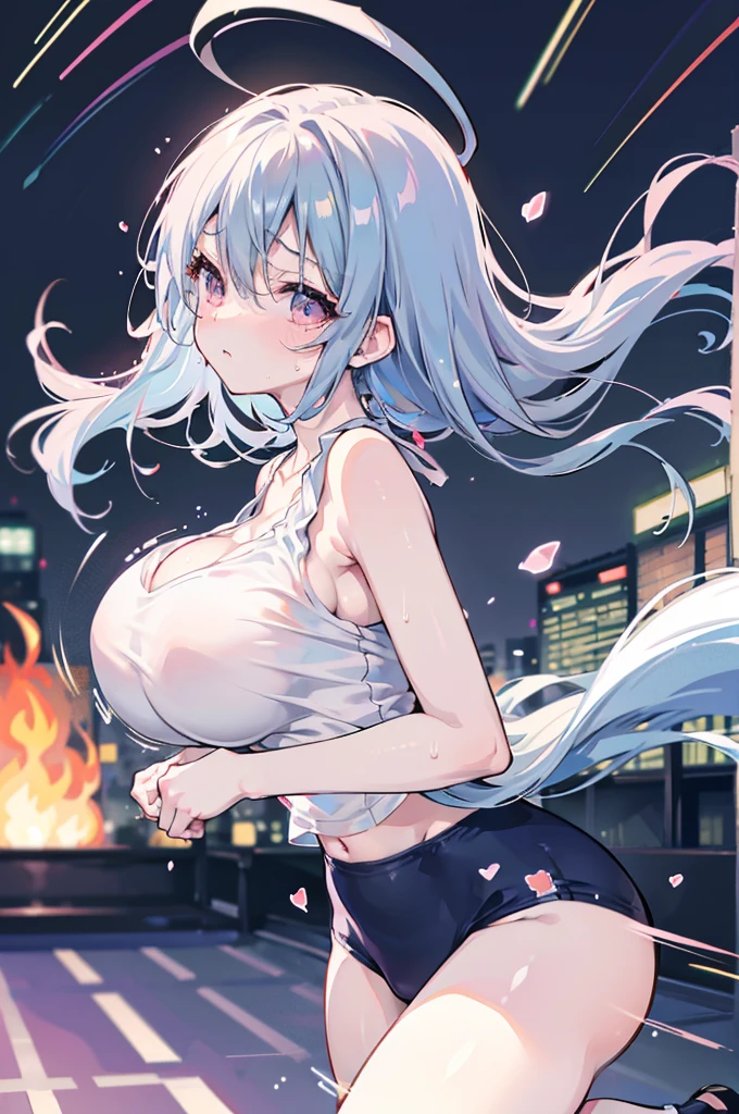 anime style,((bouncing breasts,unaligned breasts)),((Motion-blur)),Tired face, shirt transparent with sweat,
running,huge breasts,