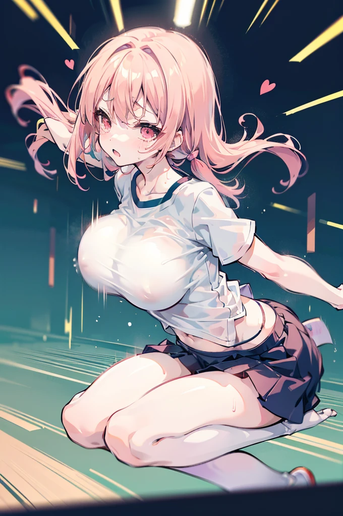 anime style,((bouncing breasts,unaligned breasts)),((Motion-blur)),Tired face, shirt transparent with sweat,
running,huge breasts,