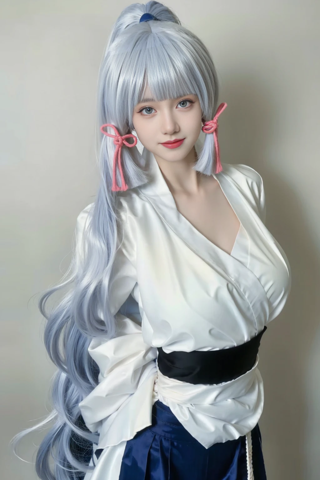 best quality, tmasterpiece,Ultra-high resolution,Clear face,（Reality：1.4），ferpect lighting，(upper body photo), (photorealistic:1.50), anime wallpaper, Guviz style artwork, cover-up fantasy up to magic , by Yang J, Guviz, beautiful artwork illustration, beautiful digital artwork, beautiful digital illustration, Li Song, beautiful anime portrait, art style in Beauvot, 1girl, 独奏, long hair, white hair, Ponytail hair, kimono, standing, looking at viwer, indoor, (super Giant breast:1.5), Sagging breasts, pose sexy, smile,