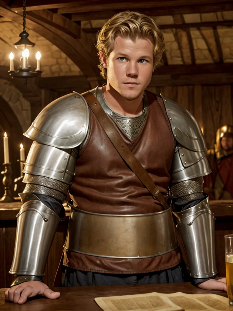 Christopher Egan as a handsome medieval knight sits at a table in a tavern, in front of him is a fat, obsequious innkeeper