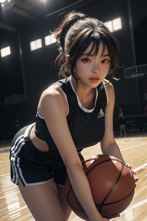 (RAW photo, 4k, masterpiece, high resolution, extremely complex) (realistic: 1.4), cinematic lighting
1 Girl, Solo Focus, Summer Noon, Hot, 1990s\(Style\), (Best Quality), (Highres), (an Extremely Delicate and Beautiful),,(Beautiful 8k face),(Brown eyes),(ulzzang-6500:1.0),(solo),(Looking side),( spectators),(large breasts),(NBA),bent over,,lookside,(side), ,(Basketball sportswear),((Play basketball)),((gymnasium)),((speed)),(reality),