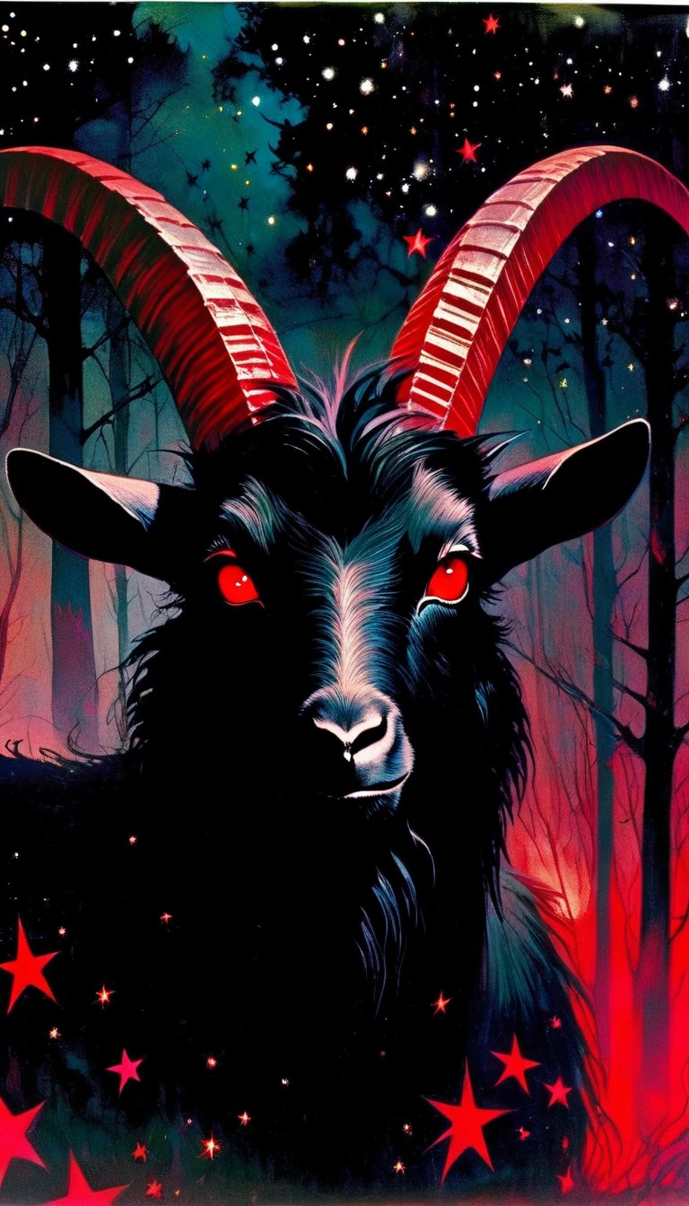 1 big black satanic goat with red eyes and, dark forest, sinister, stars, background, art inspired by Bill Sienkiewicz