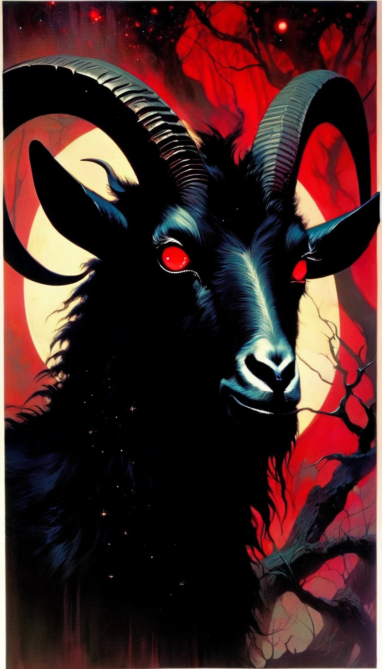 1 big black satanic goat with red eyes and, dark forest, sinister, stars, background, art inspired by Bill Sienkiewicz