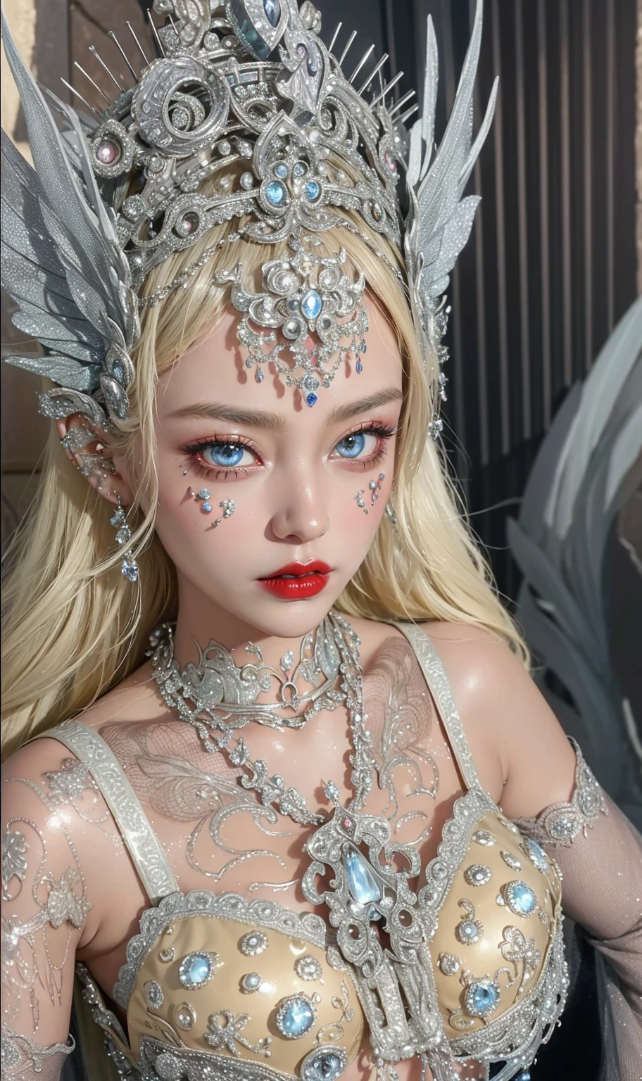Detailed image quality,Witch Pandora,wing, Succubus Theme,堕落Angel,Excellent,scary,Secret Terror,Tentacles,With eyes,Uncanny Valley Effect,Beast Blood Moon,skeleton,vampire,Hellfire,Dark Queen,Angel,magician magic witch,Angel,Eyes are blue(Pupils as deep as the starry sky),Gorgeous tattoo designs all over the body,Surreal photos(8K picture quality,Rich in details),Dark eyeshadow,Sexy thick lips(Red lipstick),Tattoo designs on body,Dark Queen,Wear luxurious gold jewelry,Silver Crystal Armor,Sparkling diamond gemstone