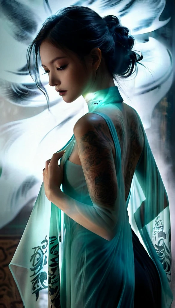 Double Exposure Style,Volumetric Lighting,a girl (Supermodel) with Wrap top,arching her back, beautiful tattoo, Traditional Attire,Artistic Calligraphy and Ink,light depth,dramatic atmospheric lighting,Volumetric Lighting,double image ghost effect,image combination,double exposure style,