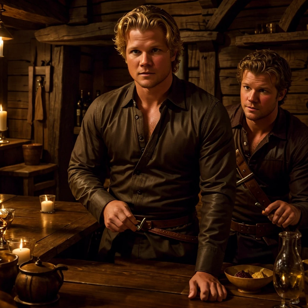 Christopher Egan as a handsome medieval knight sits at a table in a tavern, in front of him is a fat, obsequious innkeeper