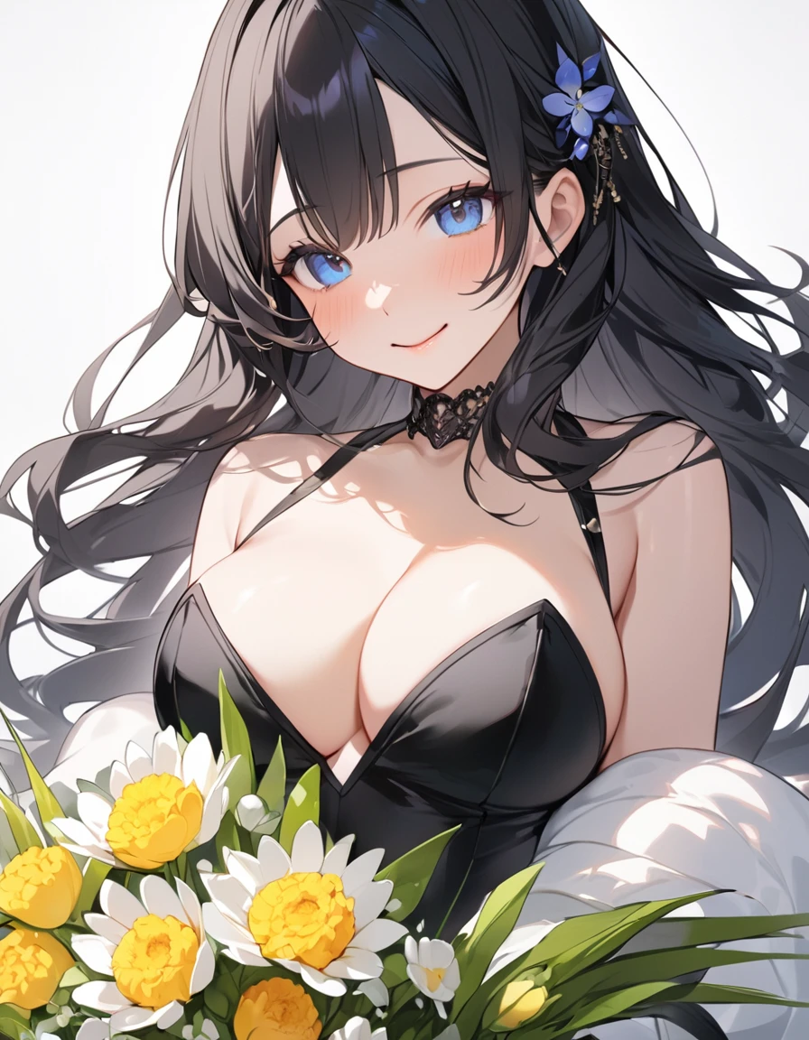 (Highest qualityのイラスト、Simple white background:1.2), (cute女の子:1.1), (1 girl、、), (1 girl、Kind eyes、blue eyes)、Black Hair、Semi-long hair、(Highest quality、Very detailed、cute、Ultra-high resolution) 、Black Hairの美少女、smile、Bunny girl、Black leotard、Larger breasts、holding a big bouquet、Close-up
