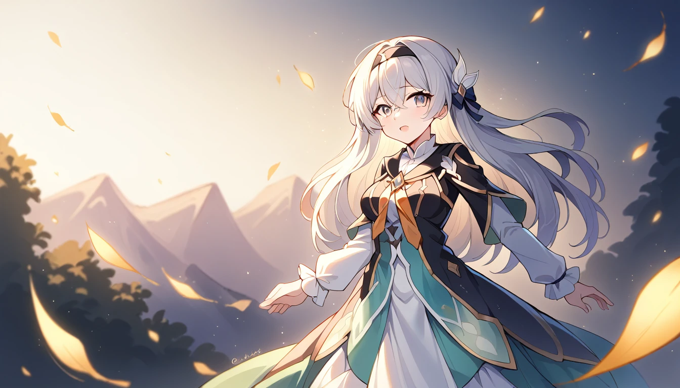 (best quality:1.3), (masterpiece:1.3), (illustration:1.3), (Extremely detailed:1.3), firefly \(Collapse: Star Trails\), 1 Girl, Solitary, Long hair, Bangs, skirt, Long sleeve, Hair accessories, Gray hair, Black hair band, Medium breasts, Hair between the eyes,Lakeside at night,Bright light