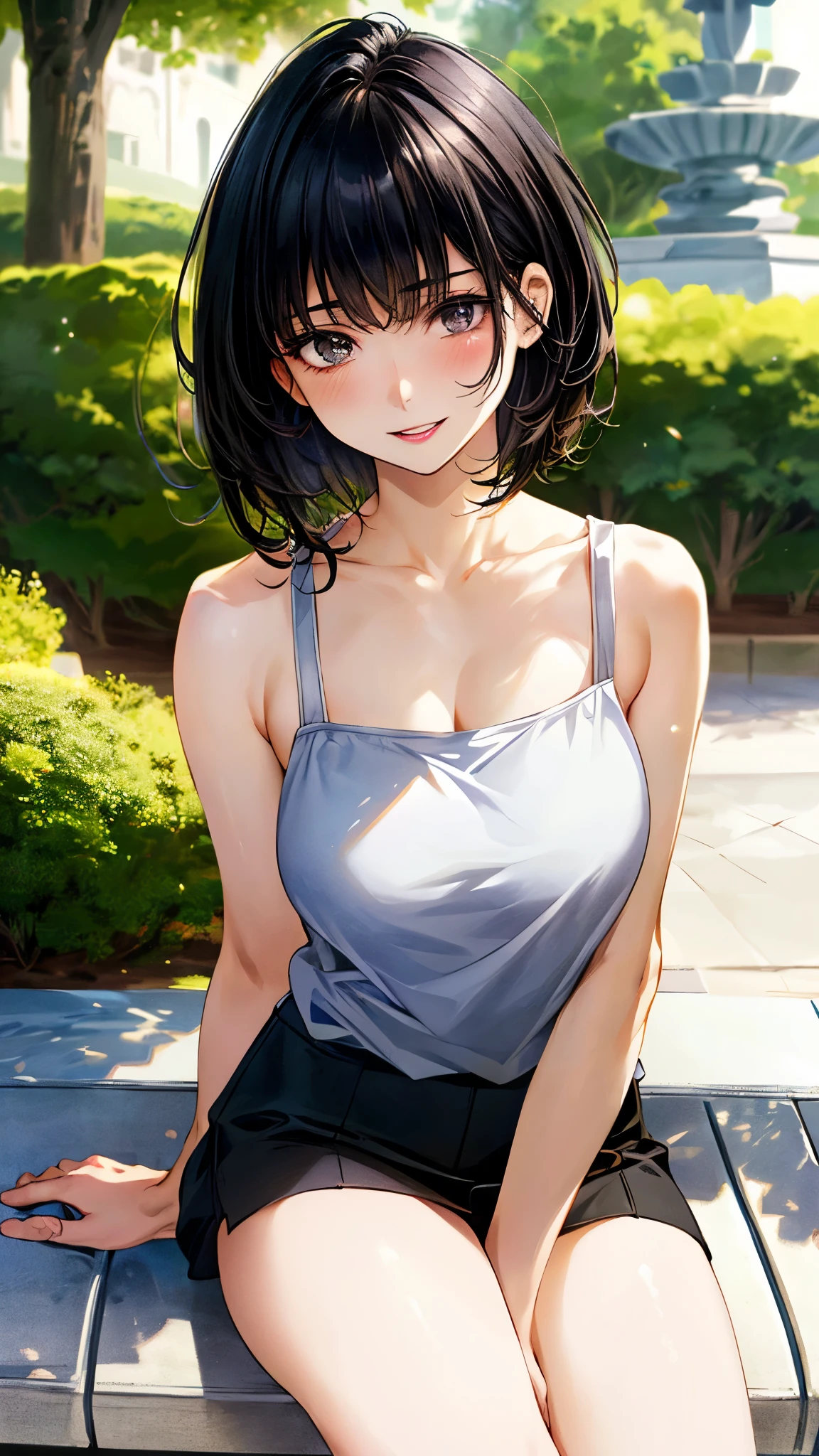 (masterpiece:1.3, top-quality, ultra high res, ultra detailed), (realistic, photorealistic:1.4), beautiful illustration, perfect lighting, natural lighting, colorful, depth of fields, surrealism, 
beautiful detailed hair, beautiful detailed face, beautiful detailed eyes, beautiful clavicle, beautiful body, beautiful chest, beautiful thigh, beautiful legs, beautiful fingers, shiny skin, babyface, 
looking at viewer, 1 girl, ushijimaiiniku, 19 years old, sexy idol, (perfect anatomy, anatomically correct, super detailed skin), cute and symmetrical face, perfect face, perfect eyes, perfect fingers,
(short hair, lob hair, black hair), bangs, grey eyes, big eyes, long eyelashes, (large breasts, seductive thighs), , outstanding style, 
detailed cloth texture, camisole, miniskirt, 
(beautiful scenery), (park, fountain), sitting park bench, (lovely smile, upper eyes, parted lips),