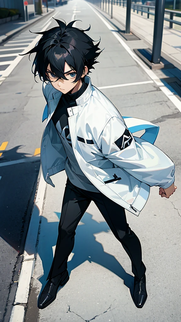 Anime character man with black hair in white jacket with black pants walking on the sidewalk