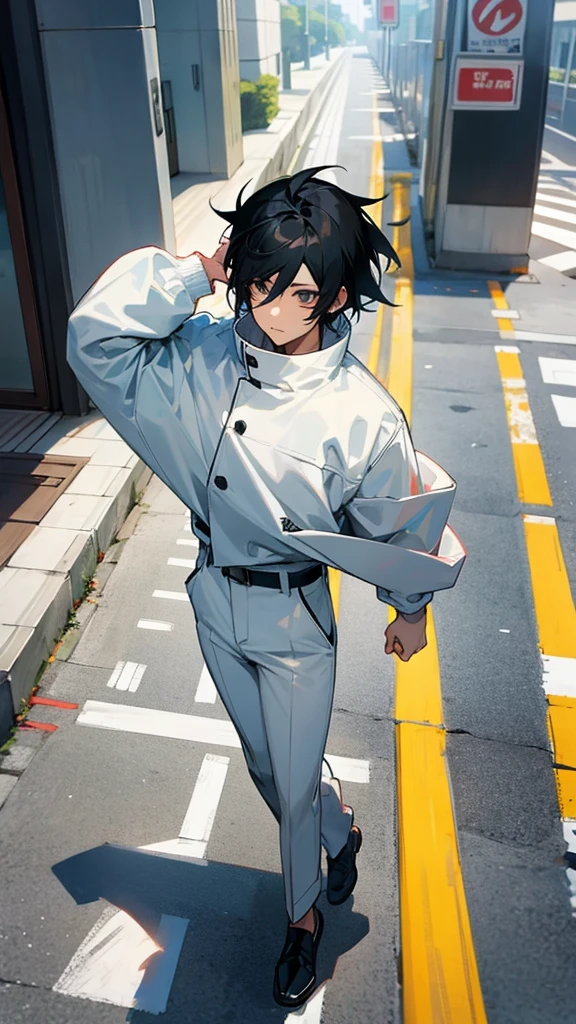 Anime character man with black hair in white jacket with black pants walking on the sidewalk