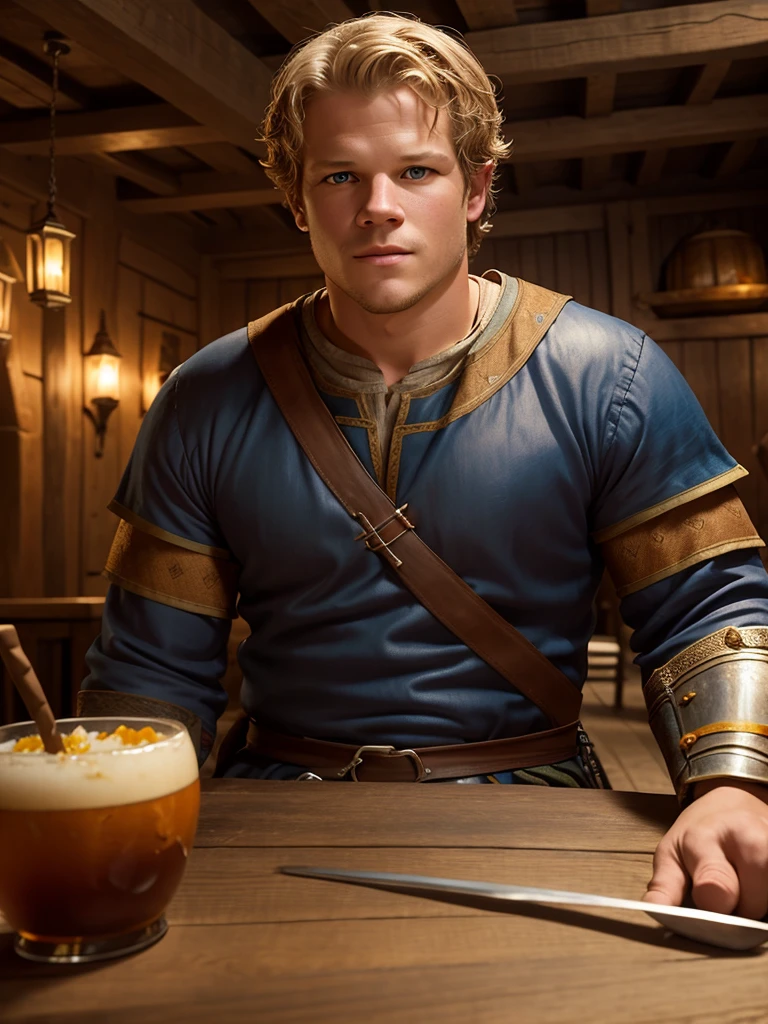 Christopher Egan as a handsome medieval knight sits at a table in a tavern, in front of him is a fat, obsequious innkeeper