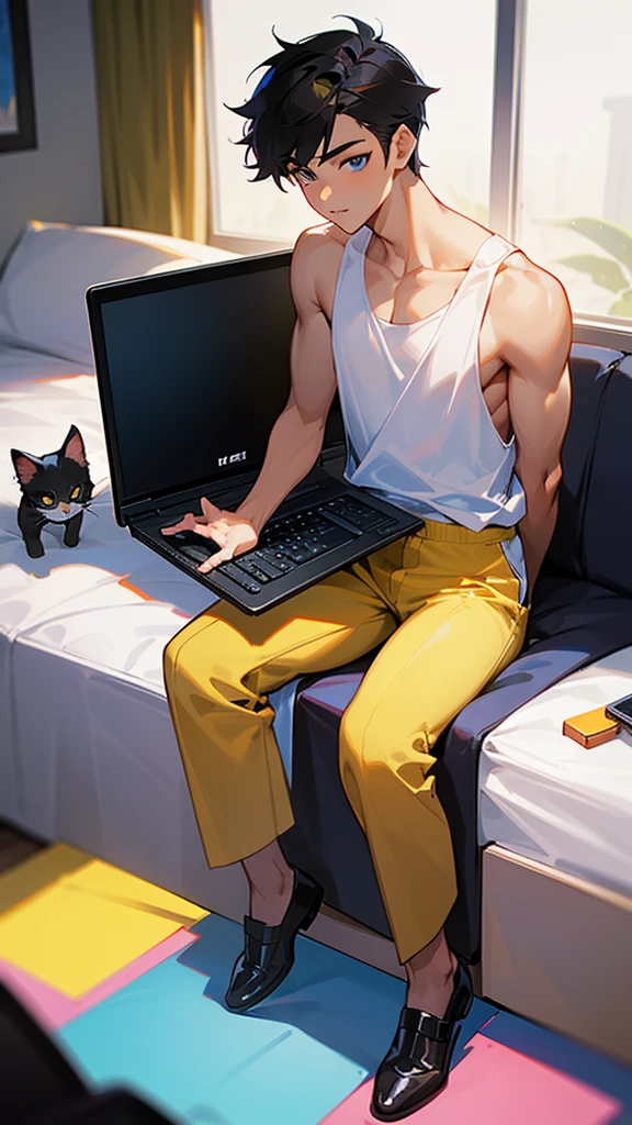 Handsome Asian boy  sitting with little cat, typing laptop, cat brow color, dress short pant and top tank, have laptop on the dest, very handsome, best body, bright face 