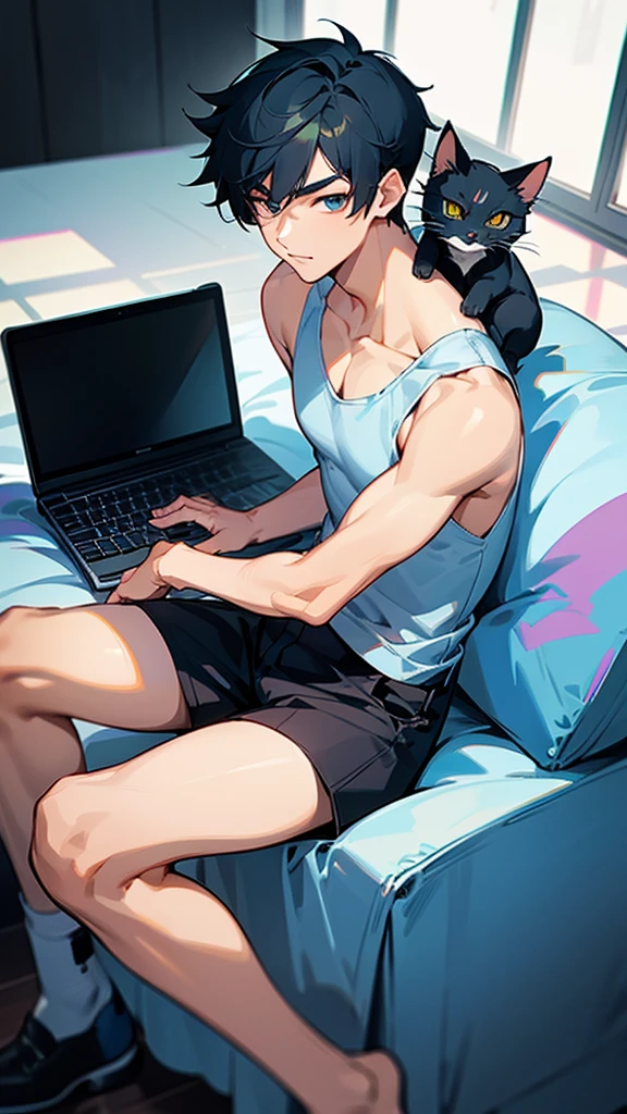 Handsome Asian boy sitting with little cat, typing laptop, cat brow color, dress short pant and top tank, have laptop on the dest, very handsome, best body, bright face