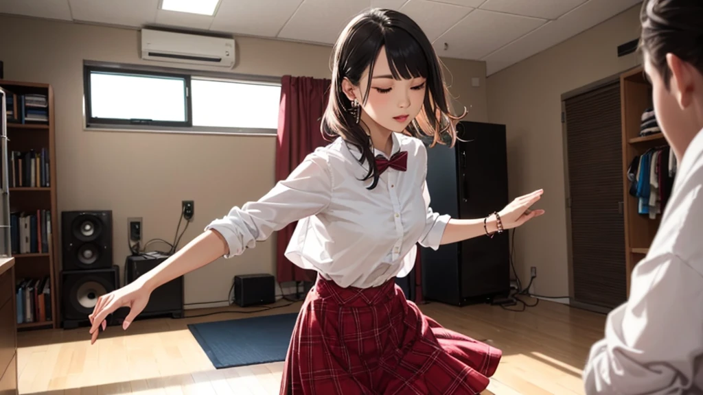 a beautiful woman in modern clothes dances in her room to the sound of electronic dance music