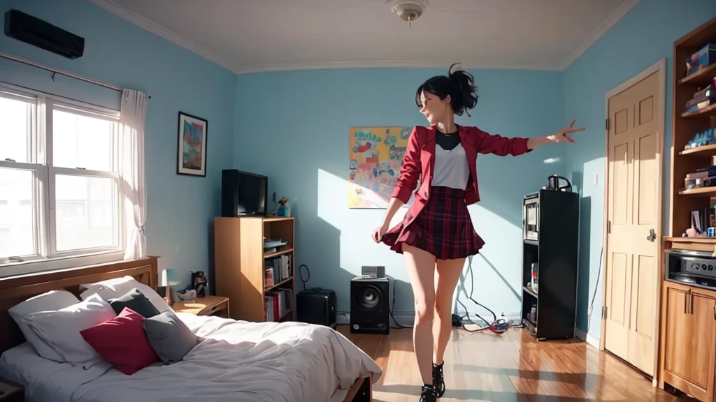 a beautiful woman in modern clothes dances in her room to the sound of electronic dance music