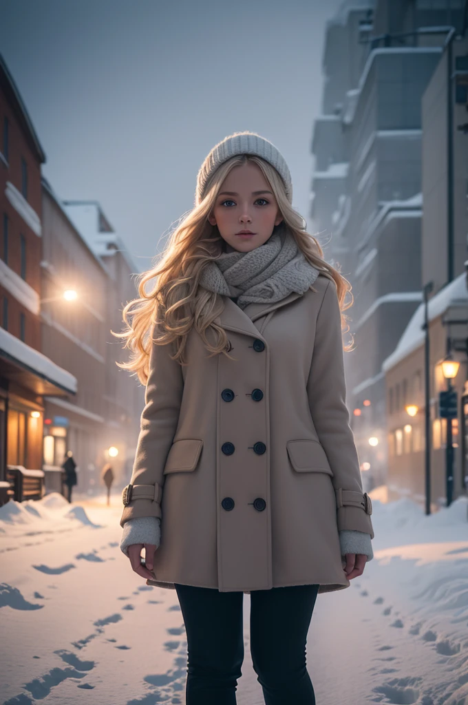 professional photography of a beautiful norwegian girl in winter clothes with long wavy blonde hair, sensual and seductive look, beautiful symmetrical face, beautiful natural makeup, wearing chic warm winter fashion clothing, ((standing outside on the snowy city street)), impressive modern urban environment, ultra realistic, conceptual artwork, chic, highy detailed, intricate, sharp focus, Depth of field, f/1. 8, 85 mm, medium shot, mid shot, (((professional color grading))), soft and bright diffused light, (Volumetric fog), Trends on Instagram, HD 4k, 8K