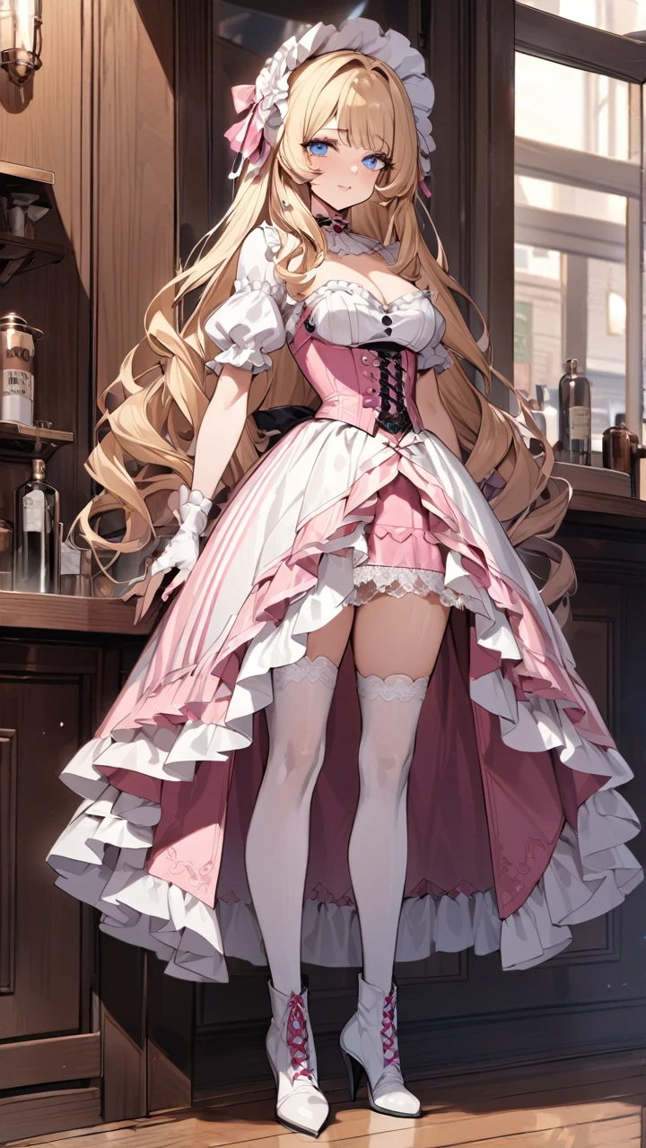 Curls,blonde_hair,blue_eyes,long_eyelashes,long_hair,fringe_bangs,side_curls,fullbody,standing,masterpiece,highress,frilly intricate pink saloon girl dress,knee length skirt,white accents, frilly lace choker,pink corset,lace up heeled boots,stockings,saloon,short at the front center of the skirt,skirt and bodice adorned with ribbons at the front,