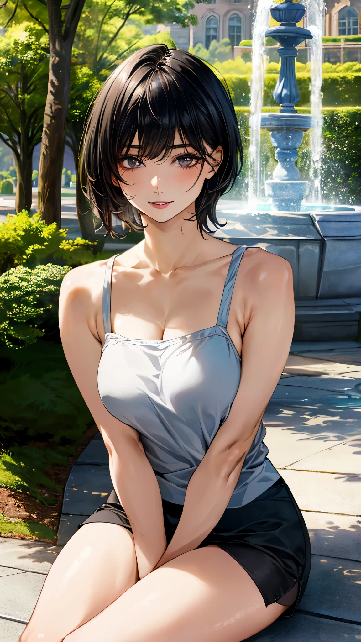 (masterpiece:1.3, top-quality, ultra high res, ultra detailed), (realistic, photorealistic:1.4), beautiful illustration, perfect lighting, natural lighting, colorful, depth of fields, surrealism, 
beautiful detailed hair, beautiful detailed face, beautiful detailed eyes, beautiful clavicle, beautiful body, beautiful chest, beautiful thigh, beautiful legs, beautiful fingers, shiny skin, babyface, 
looking at viewer, 1 girl, ushijimaiiniku, 19 years old, sexy idol, (perfect anatomy, anatomically correct, super detailed skin), cute and symmetrical face, perfect face, perfect eyes, perfect fingers,
(short hair, lob hair, black hair), bangs, grey eyes, big eyes, long eyelashes, (large breasts, seductive thighs), , outstanding style, 
detailed cloth texture, camisole, miniskirt, 
(beautiful scenery), (park, fountain), sitting park bench, (lovely smile, upper eyes, parted lips),