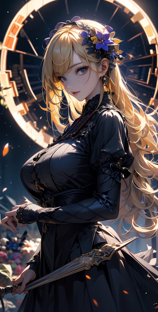 masterpiece, high quality, 4K, Beautiful design, silhouette,blonde, 非常に詳細な夜のStarry Sky,Flower Field, wonderful, Finer details, Very knowledgeable woman, Highly detailed solo, 1 female,Big Breasts,Gothic ta Fashion,Random Pause,Night view,Starry Sky,full moon,