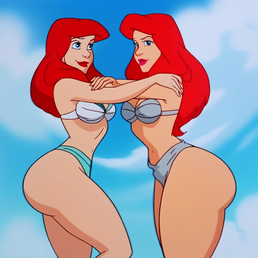 ar_el, 2girls, clones, duo, fair skin, red lips, red hair, large aqua-blue eyes, having fun, huge butt, legs, white bra, thicc thighs, butt bumping, side view, back to back