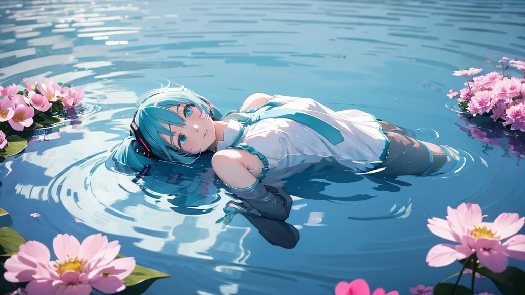 Hatsune Miku。In the background is a calm water surface.、Flowers illuminated by the morning sun々is spreading、Her light blue hair is soft and shiny.。