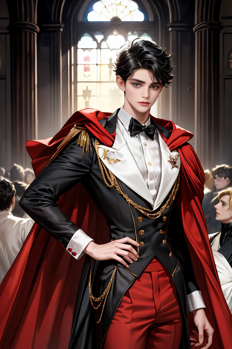 
masterpiece, 最high quality, high quality, 1 boy, alone, Male focus, Watching the audience,  Messy black hair, Adorable big blue eyes, White people, Noble, Noble,A sexy, voluminous black and red cape puffs up in the wind、Tuxedo、A very voluminous, large, very large, very large, long, long red and black cape with a high stand-up collar, reaching down to the floor, made of a lot of fabric., 17 years old,Cute beautiful boys,Cute, cute, kind, handsome guy