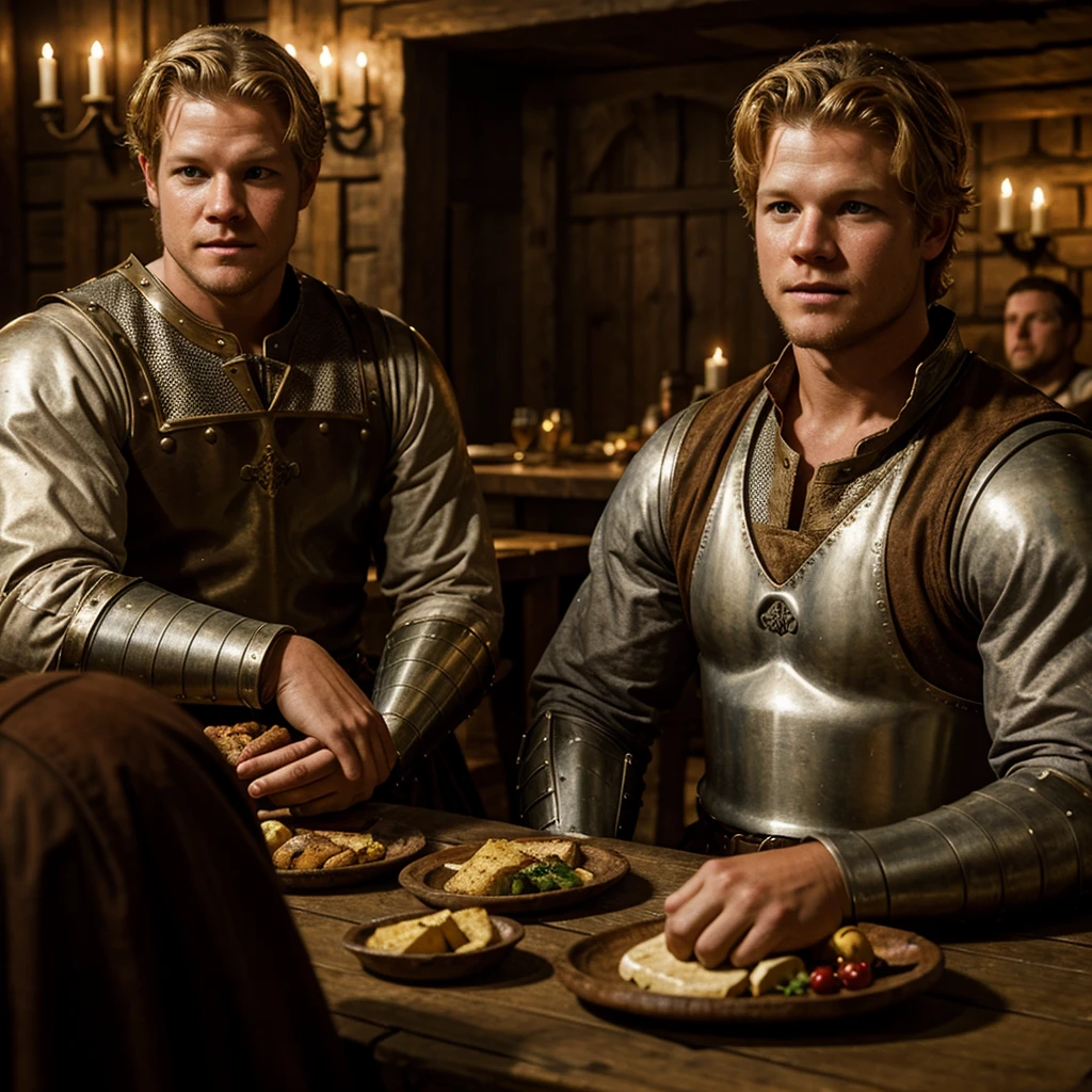 Christopher Egan as a handsome medieval knight sits at a table in a tavern, in front of him is a fat, obsequious innkeeper