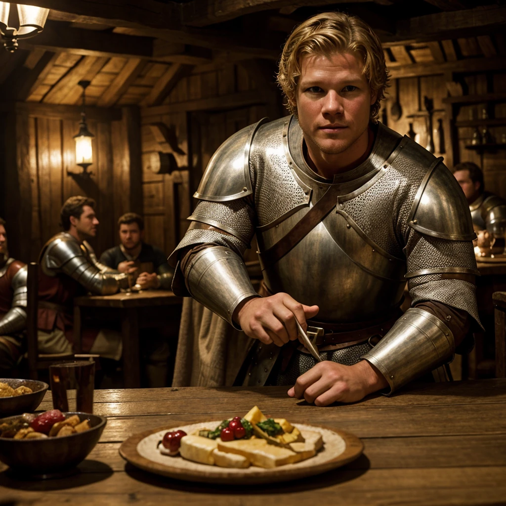 Christopher Egan as a handsome medieval knight sits at a table in a tavern, in front of him is a fat, obsequious innkeeper