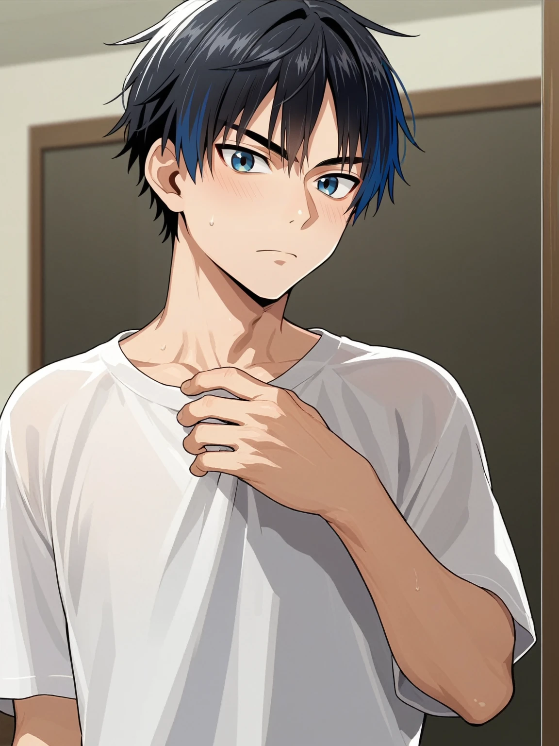 score_9, score_8_up, score_7_up, source_anime, NREAK, flat color, anime screencap, solo, ikuchan, 1boy, twink, nude, satsuki kiryuin, genderswap, genderbend, indoors, clothed, outfit, masculine, streaked hair,