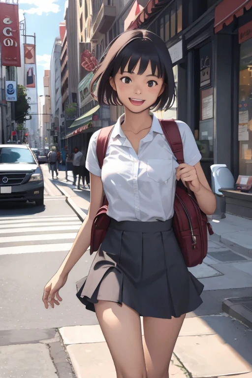 masterpiece, Highest quality, One High School Girl 10.0,Very detailed,Rin々Nice face,Open Mouth Smile,Black eyes,Legs visible through a short skirt,Natural Beauty,Cinematic,Medium chest,Walking in the downtown area,Carrying a backpack,Showing from the knees 10.0,Wearing high  10.0