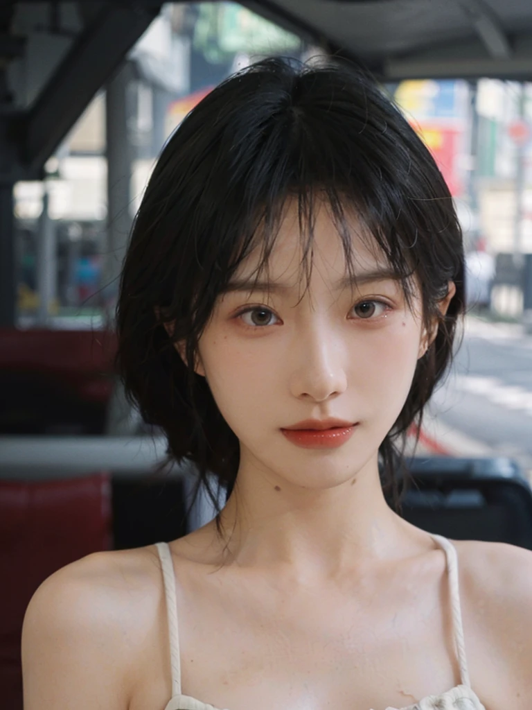 (Skin details:1.4), (smooth skin textures:1.3), (Upper body:1.4),(Upper Body:1.3)Lipstick, background, earrings, serene, calm, (Realistic and detailed eyes:1.2), Natural skin texture, Realistic facial details, Soft dramatic lighting, Vivid details, 35 mm film, outdoor, (Photo Practical:1.4), (hyper Practical:1.4), (Practical:1.3), (Smoother lighting:1.05), (Improve lighting quality:0.9), (Highest quality real skin textures:1.4), Exquisite eyes, Delicate face, Close-up of face, (Enhance the beauty of skin texture:1.1),0Normal body proportions, short hair, Moles under the eyes, A faint smile,Portrait Photography, Depth of Field, Bokeh, Surrealism, Ray Tracing, (Portrait Photography:1.1), Surrealism, High Detail, Chiaroscuro, Ray Tracing, reflected light, Ultra HD, Ultra HD, masterpiece, Textured Skin, Super Detail, High Detail, high quality, best quality