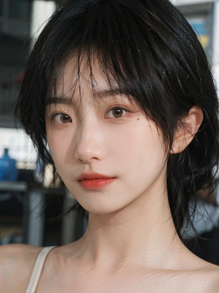 (Skin details:1.4), (smooth skin textures:1.3), (Upper body:1.4),(Upper Body:1.3)Lipstick, background, earrings, serene, calm, (Realistic and detailed eyes:1.2), Natural skin texture, Realistic facial details, Soft dramatic lighting, Vivid details, 35 mm film, outdoor, (Photo Practical:1.4), (hyper Practical:1.4), (Practical:1.3), (Smoother lighting:1.05), (Improve lighting quality:0.9), (Highest quality real skin textures:1.4), Exquisite eyes, Delicate face, Close-up of face, (Enhance the beauty of skin texture:1.1),0Normal body proportions, short hair, Moles under the eyes, A faint smile,Portrait Photography, Depth of Field, Bokeh, Surrealism, Ray Tracing, (Portrait Photography:1.1), Surrealism, High Detail, Chiaroscuro, Ray Tracing, reflected light, Ultra HD, Ultra HD, masterpiece, Textured Skin, Super Detail, High Detail, high quality, best quality