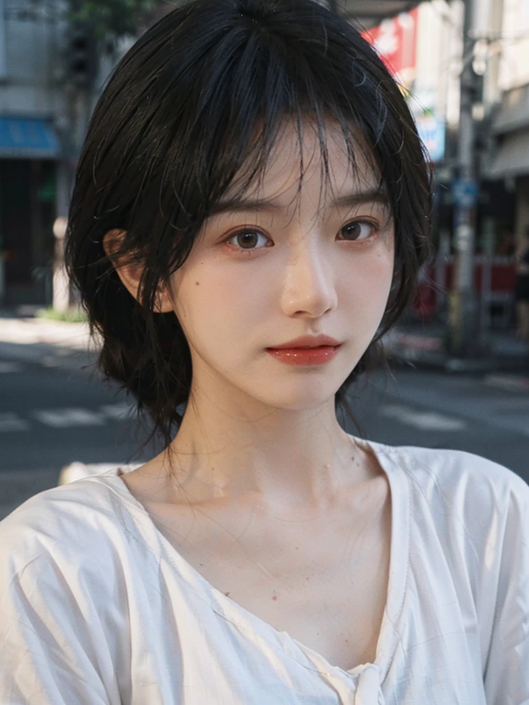 (Skin details:1.4), (smooth skin textures:1.3), (Upper body:1.4),(Upper Body:1.3)Lipstick, background, earrings, serene, calm, (Realistic and detailed eyes:1.2), Natural skin texture, Realistic facial details, Soft dramatic lighting, Vivid details, 35 mm film, outdoor, (Photo Practical:1.4), (hyper Practical:1.4), (Practical:1.3), (Smoother lighting:1.05), (Improve lighting quality:0.9), (Highest quality real skin textures:1.4), Exquisite eyes, Delicate face, Close-up of face, (Enhance the beauty of skin texture:1.1),0Normal body proportions, short hair, Moles under the eyes, A faint smile,Portrait Photography, Depth of Field, Bokeh, Surrealism, Ray Tracing, (Portrait Photography:1.1), Surrealism, High Detail, Chiaroscuro, Ray Tracing, reflected light, Ultra HD, Ultra HD, masterpiece, Textured Skin, Super Detail, High Detail, high quality, best quality