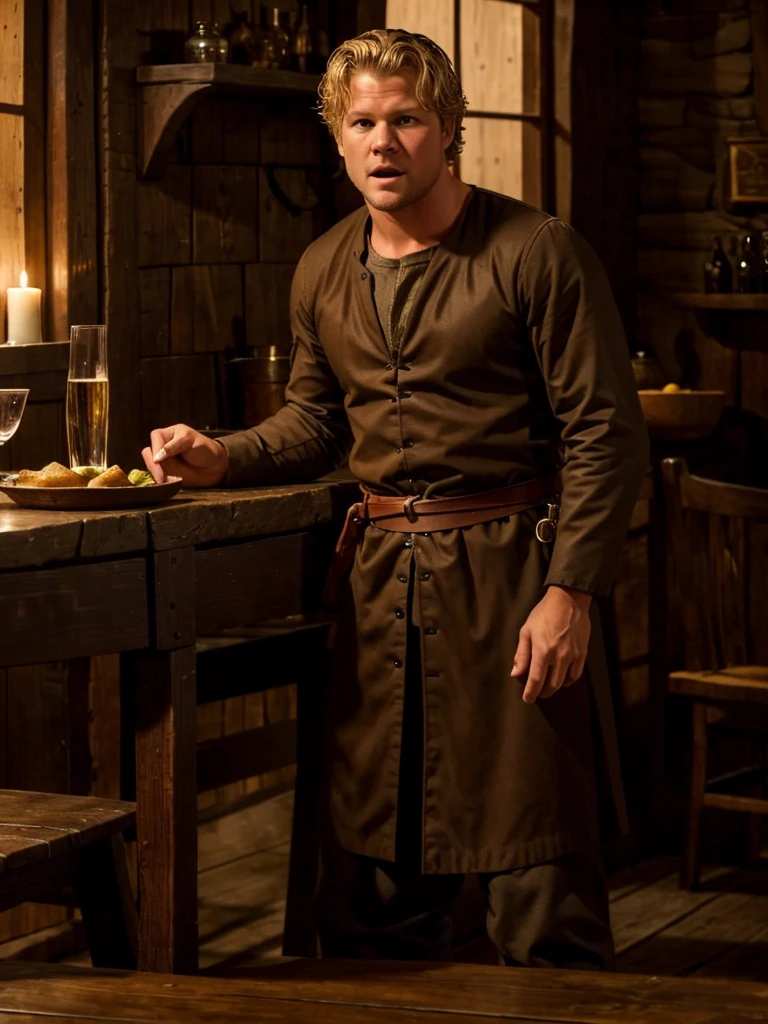 Christopher Egan as a handsome medieval knight sits at a table in a tavern, in front of him is a fat, obsequious innkeeper