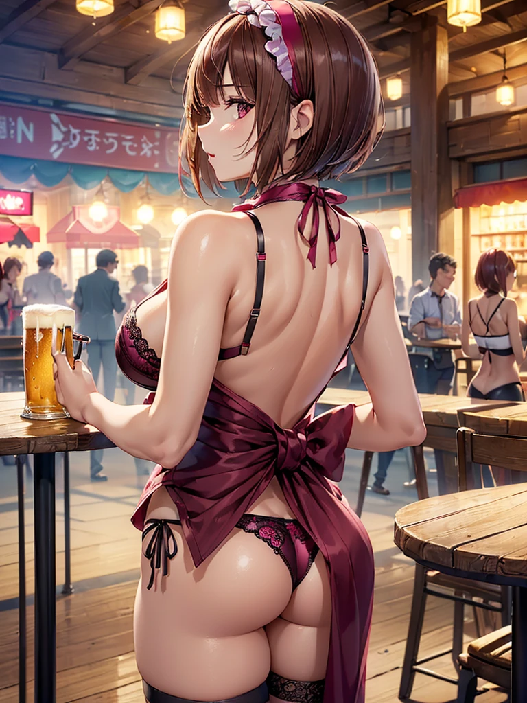 (((masterpiece, Highest quality, High resolution, 超High resolution, Perfect Pixel, Depth of written boundary, 4K, RTTX 10.0))), Beautiful Anime Women, Beautiful art style, Anime characters, ((Smooth texture, Realistic texture, Anime CG Style)), Exact finger count、Exact number of legs、(Exact number of arms:1.0, Exact number of hands:1.0), (Perfect hands, Perfect Anatomy), Cinematic, Realistic, Extremely detailed CG, Daytime lighting, Perfect lighting, Best Shadow, The best natural light, whole body, Perfect body, バランのとれたPerfect body, Perfectly balanced style, (Slender body:1.2), ((bangs, Reddish brown hair, Stylish hairstyle, Bobcut)), ((Back view of a pretty woman standing with her butt sticking out while carrying a drink:1.6)), ((Bow tie around neck:1.3), (Sexy and cute magenta underwear:1.3), (Stylish shiny magenta satin panties, Side-tie panties, Magenta panties with lace trim around the edges, Full-back magenta panties covering the buttocks:1.3), (Magenta Micro Lace Satin Bra, Thin bra:1.3), (garter belt, Knee socks:1.3):1.3), (Stylish beer hall, amusement park, Carry drinks, A busy store, Chair, table, Outdoor:1.3), naked, In underwear, Waitress in underwear, (Maid Headband:1.1)), Angle from the rear
