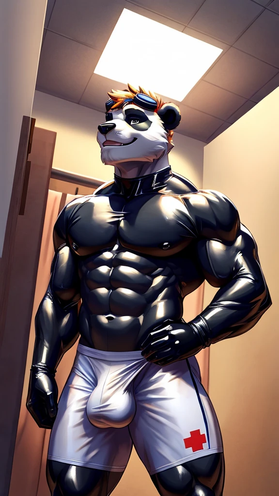 Panda, male, muscular, strong, in the dressing room, wearing one-piece, white medical protective clothing, wearing rubber gloves, revealing dicks and balls from the protective clothing, tied hands to the ceiling, wearing transparent medical goggles, ejaculate a lot of semen and part of it on the protective clothing, enjoying