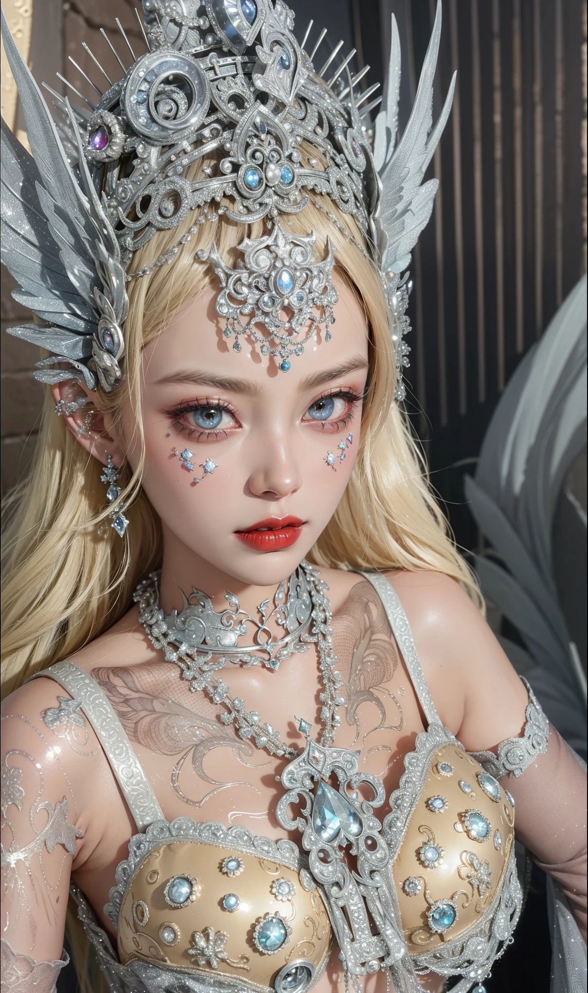 Detailed image quality,Witch Pandora,wing, Succubus Theme,堕落Angel,Excellent,scary,Secret Terror,Tentacles,With eyes,Uncanny Valley Effect,Beast Blood Moon,skeleton,vampire,Hellfire,Dark Queen,Angel,magician magic witch,16岁Angel,Eyes are blue(Pupils as deep as the starry sky),Gorgeous tattoo designs all over the body,Surreal photos(8K picture quality,Rich in details),Dark eyeshadow,Sexy thick lips(Red lipstick),Tattoo designs on body,Dark Queen,Wear luxurious gold jewelry,Silver Crystal Armor,Sparkling diamond gemstone