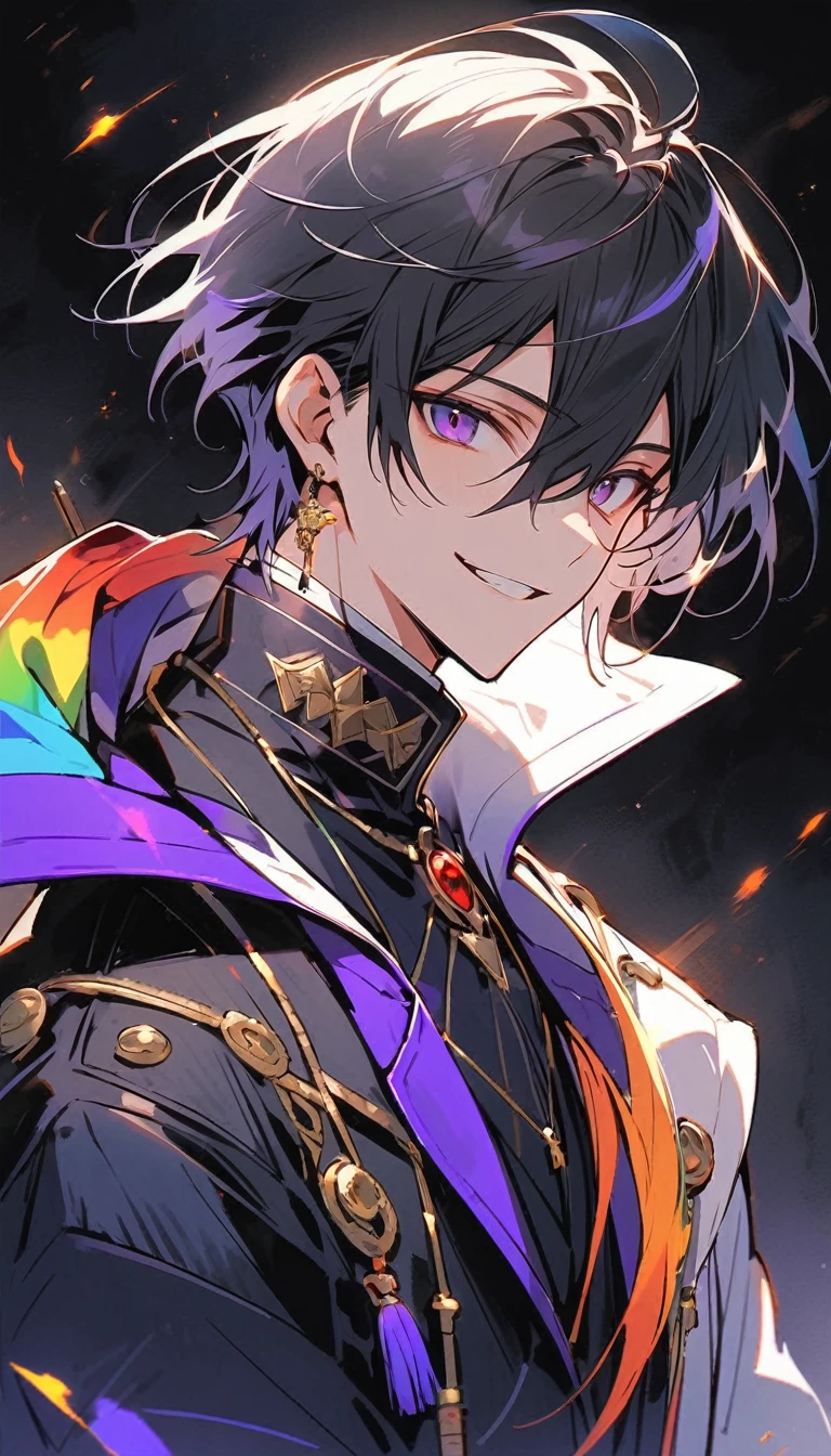 good looking, alone, 1 male, short hair, Smile Facial,1. Boy with black and purple hair, Moderate height, Slim body, Long coat, Black lining,good looking, short hair, Black Hair, Rainbow Hair, Purple eyes, 先端がスモーキーグレーのBlack Hair, smoking, Black light,smile、, Bright, sharp eyes illuminate the scene,uniform,Fewer accessories,whole body,Background white