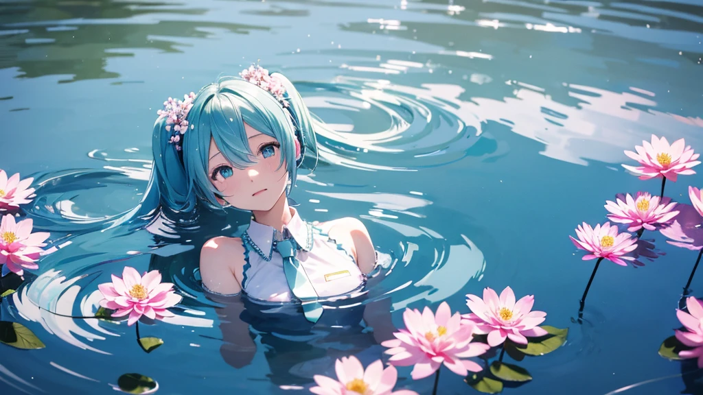 Hatsune Miku。In the background is a calm water surface.、Flowers illuminated by the morning sun々is spreading、Her light blue hair is soft and shiny.。