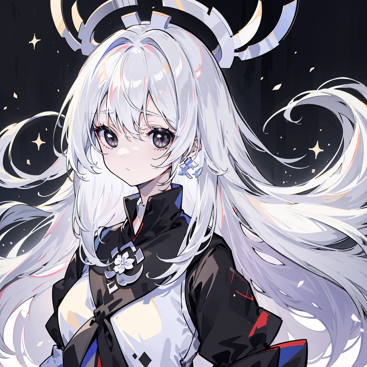 (Top image quality)、(Ultra Detailed)、(Facing forward)、top quality、masterpiece、(((1 girl)))、Silver Hair、white hair、((Long hair))、(black eyes:1.6)