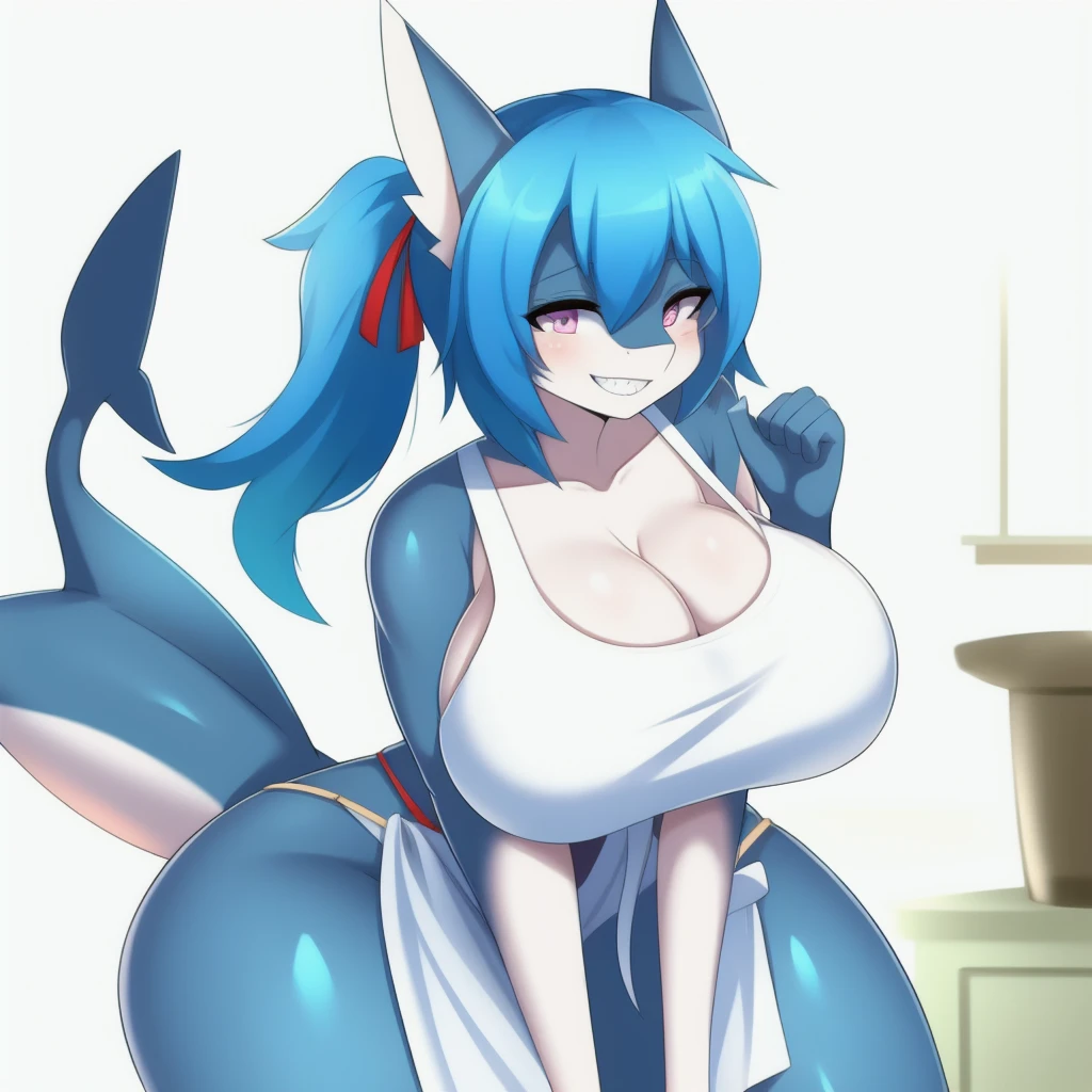 shark girl, Very sexy, big breasts, white apron
