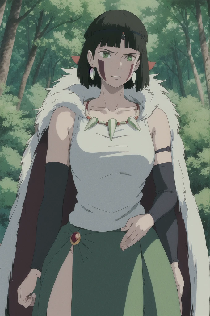 ghibli style, san \(mononoke hime\),
1girl, armlet, bangs, black hair, black undershirt, breasts, cape, circlet, earrings, facepaint, floating hair, forest, fur cape, green eyes, jewelry, looking at viewer, medium breasts, nature, necklace, outdoors, parted bangs, shirt, short hair, sleeveless, sleeveless shirt, solo, tooth necklace, tree, upper body, white shirt

, ((masterpiece))
