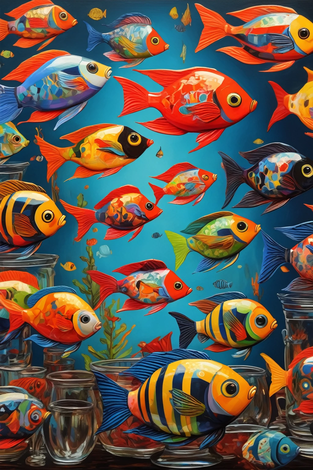 a whimsical scandinavian folk art painting, vibrant tropical fish in glass bowls, stylized figures, harlequin fish, angel fish, cardinal fish, solid color background, masterpiece, best quality, 4k, 8k, highres, ultra-detailed, realistic, photorealistic, vivid colors, studio lighting, professional