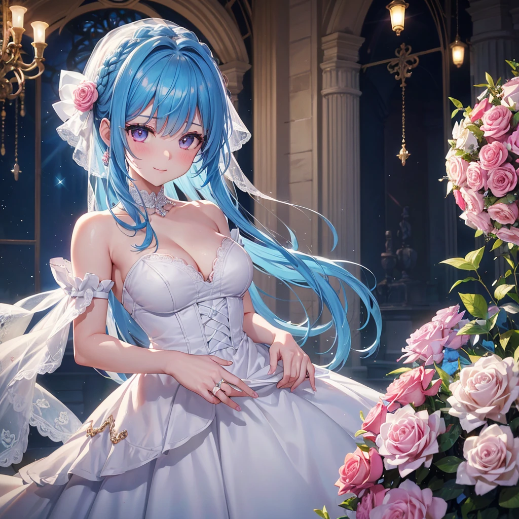 Sky blue hair, (Braided Ponytail),(Pink Eyes),Fair skin ,(whole body),(One girl),bride,A big smile,Straight bangs, 6月のbride,Wedding dress,(masterpiece, Highest quality, Very detailed, Best Shadow), (Detailed Background), (Beautifully detailed face), High Contrast, (Best lighting, Very delicate and beautiful), ((Cinematic Light)), colorful, Hyper Detail, Dramatic Light, Intricate details,Chapel background,Bouquet of roses,Ring on left ring finger,