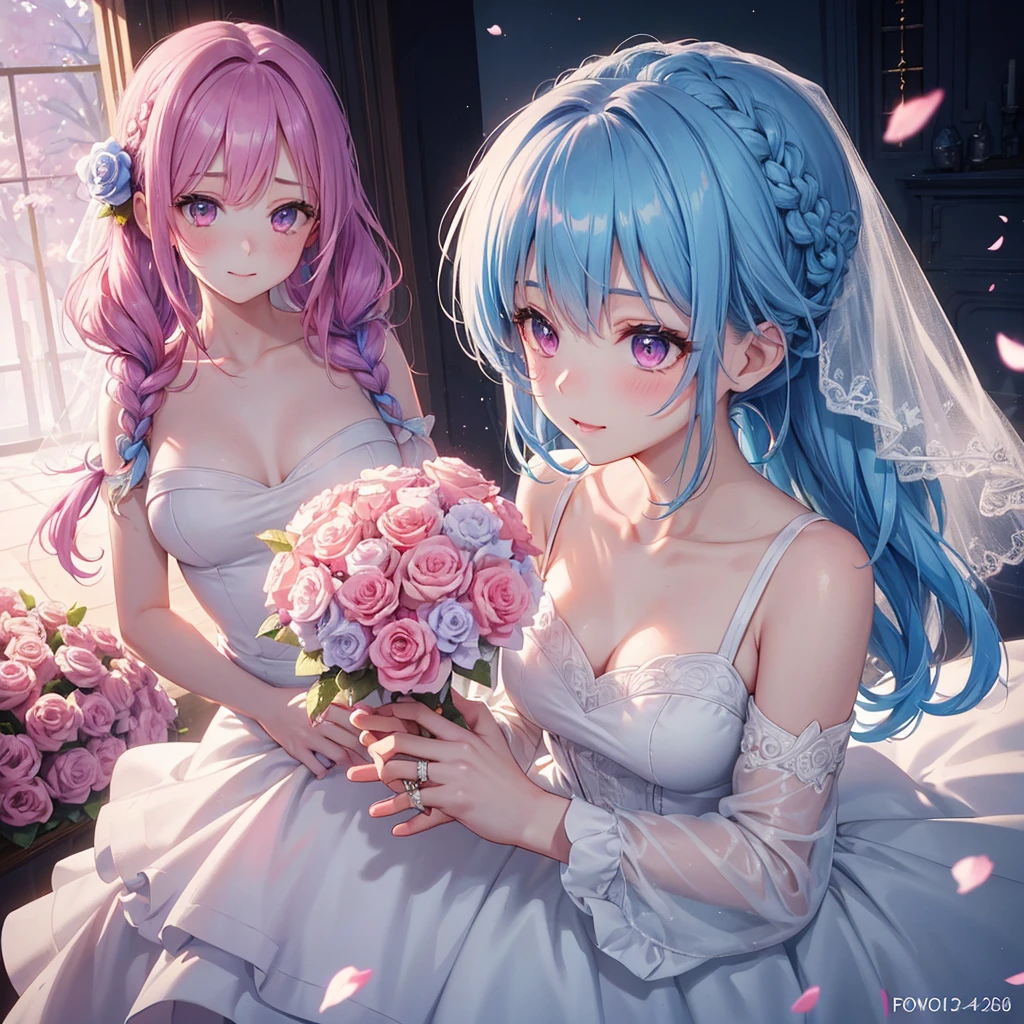 Sky blue hair, (Braided Ponytail),(Pink Eyes),Fair skin ,(whole body),(One girl),bride,A big smile,Straight bangs, 6月のbride,Wedding dress,(masterpiece, Highest quality, Very detailed, Best Shadow), (Detailed Background), (Beautifully detailed face), High Contrast, (Best lighting, Very delicate and beautiful), ((Cinematic Light)), colorful, Hyper Detail, Dramatic Light, Intricate details,Chapel background,Bouquet of roses,Ring on left ring finger,