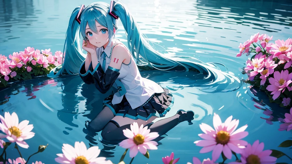 Hatsune Miku。In the background is a calm water surface.、Flowers illuminated by the morning sun々is spreading、Her light blue hair is soft and shiny.。