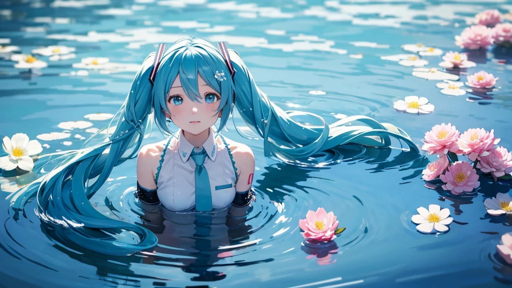 Hatsune Miku。In the background is a calm water surface.、Flowers illuminated by the morning sun々is spreading、Her light blue hair is soft and shiny.。