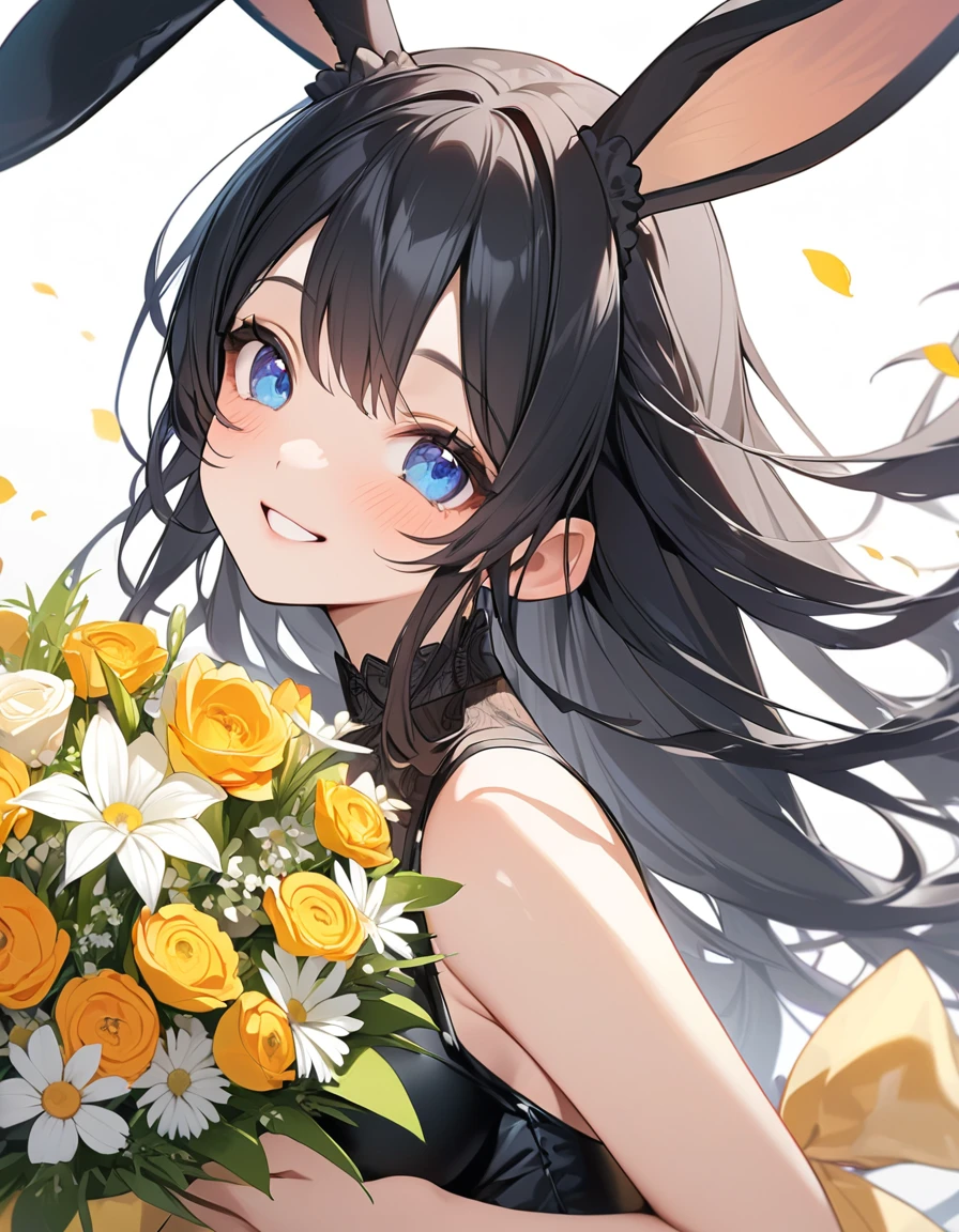 (Highest qualityのイラスト、Simple white background:1.2), (cute女の子:1.1), (1 girl、17 years old、), (1 girl、Kind eyes、blue eyes)、Black Hair、Semi-long hair、(Highest quality、Very detailed、cute、Ultra-high resolution) 、Black Hairの美少女、smile、Bunny girl、Black leotard、Larger breasts、holding a big bouquet、Close-up