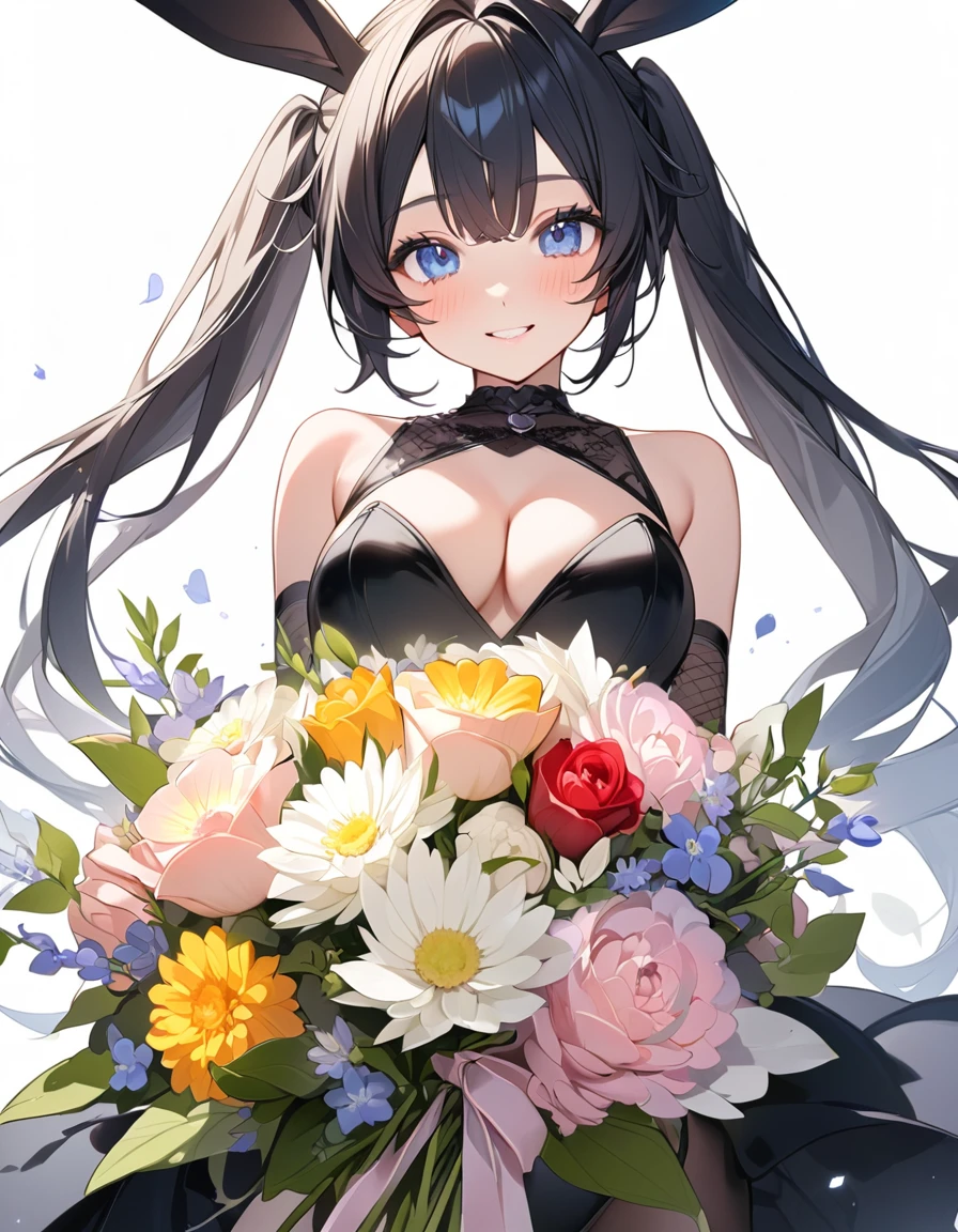 Top quality, masterpiece, intricate details, delicate and beautiful details, highly detailed 8k wallpapers, ((transcendently beautiful face)), happy, smile, close eyes, open mouth, playboy bunny, fishnet stockings, high heels, black leotard, rabbit ears, rabbit tail, (holding a bouquet: 1.5),